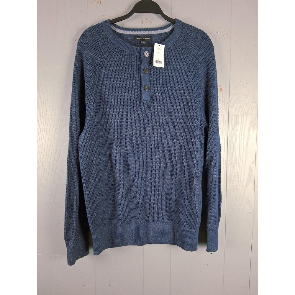 NWT Banana Republic Waffle Knit Sweater Mens XL Blue Henley Pullover Cotton $79